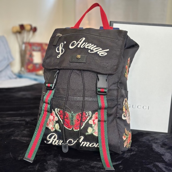 Gucci Butterfly Tiger Floral Embroidery L’ aveugle Par Amour Techpack Backpack - Picture 2 of 13